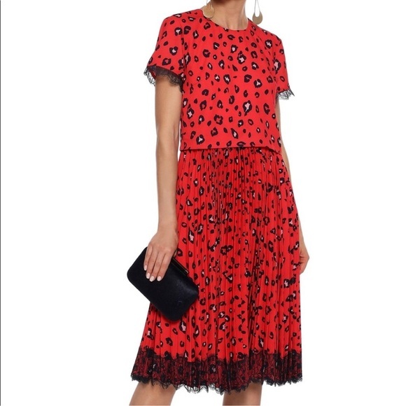 MIKAEL AGHAL Red Leopard‎ Pleated Midi Dress Lace Trim Size 6 - Picture 1 of 12
